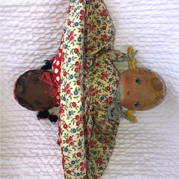 VINTAGE TOPSY TURVY Rag,Oil Cloth Faces 9.5” in. Handmade With Yarn Hair. - Picture 8 of 8